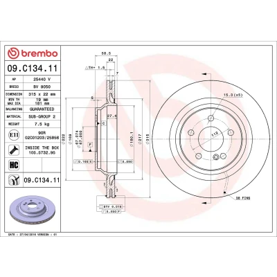 Bilde av BREMBO COATED DISC LINE 09.C134.11 Bremseskiver 315 22 5 innvendig ventilert belagt høy karbon med skruer MERCEDES BENZ: S Klasse Sedan