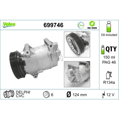 Bilde av VALEO 699746 Kompressor CVC 12 PAG 46 R 134a med kompressorlje REMANUFACTURED NISSAN: Qashqai / Qashqai+2 I