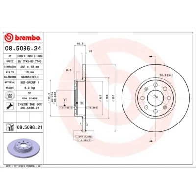 Bilde av BREMBO COATED DISC LINE 08.5086.21 Bremseskiver 257 12 4 fullt ut belagt med skruer FIAT: Punto Evo Hatchback, Grande Hatchback