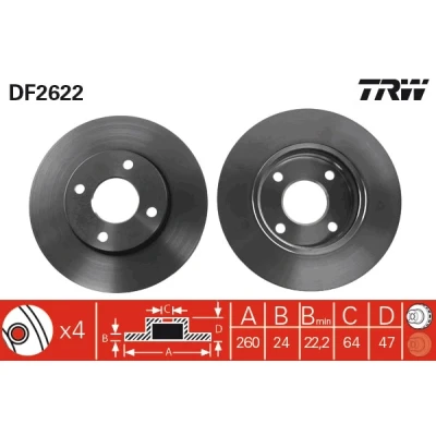 Bilde av TRW DF2622 Bremseskiver 260 24 4 108 ventilert spraylakkert FORD: SCORPIO 1, MONDEO 1 Kombi