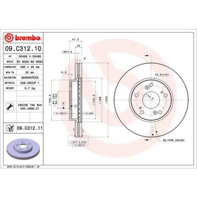 Bilde av BREMBO COATED DISC LINE 09.C312.11 Bremseskiver 280 25 5 innvendig ventilert belagt med skruer HONDA: CIVIC 9, 8