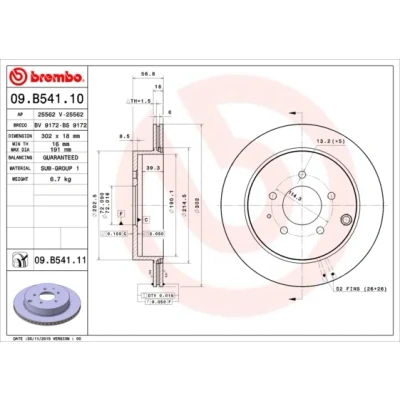 Bilde av BREMBO COATED DISC LINE 09.B541.11 Bremseskiver 302 18 5 innvendig ventilert belagt MAZDA: CX 7, FORD USA: Edge