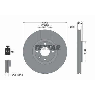 Bilde av TEXTAR PRO 92133203 Bremseskiver 302 26 04/06 108 utvendig ventilert belagt uten hjulfestebolt, hjulnav PEUGEOT: 3008 I, 207 Hatchback, 307 SW
