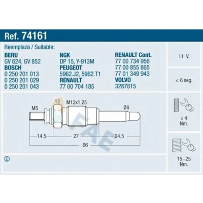 Bilde av FAE 74161 Glødeplugg 11V M 12x1,25