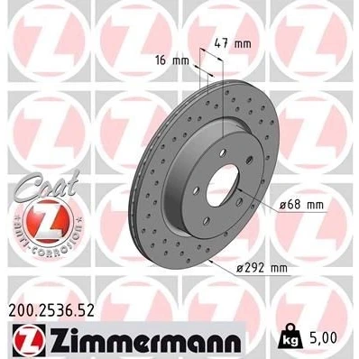 Bilde av ZIMMERMANN SPORT COAT Z 200.2536.52 Bremseskiver 292 16 5/5 5 114 innvendig ventilert, hullet belagt NISSAN: Leaf II, X Trail