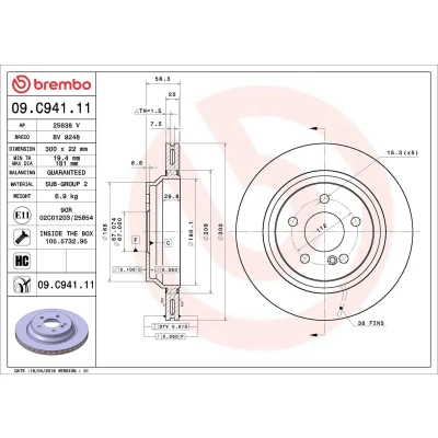 Bilde av BREMBO COATED DISC LINE 09.C941.11 Bremseskiver 300 22 5 innvendig ventilert belagt høy karbon med skruer MERCEDES BENZ: S Klasse Sedan, SL Cabrio