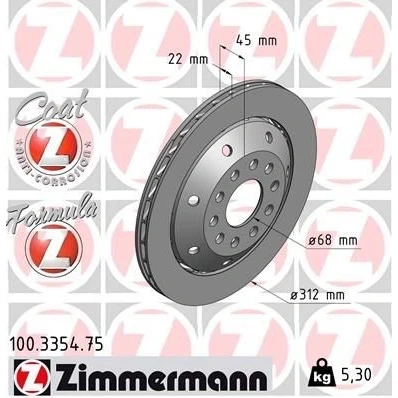 Bilde av ZIMMERMANN FORMULA Z COAT 100.3354.75 Bremseskiver 312 22 10/5 5 112 ventilert, todelt bremseskive belagt legert / høykull AUDI: A4 B5 Avant