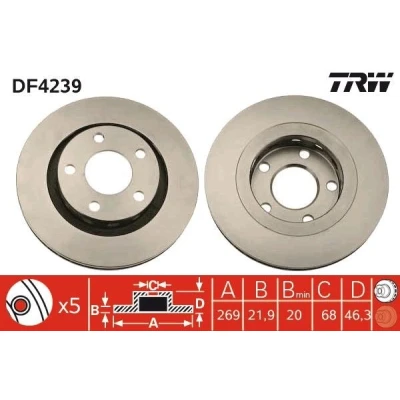 Bilde av TRW DF4239 Bremseskiver 269 21,9 5 112 ventilert spraylakkert høy karbon AUDI: A6 C5 Avant, Sedan, A8 D2