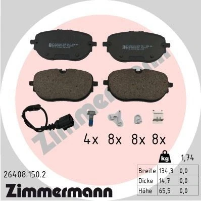 Bilde av ZIMMERMANN 26408.150.2 Bremseklosser inkl. slitasjevarselkontakt med skruer Bildet viser leveranseinnholdet, glideplate, fjær VOLKSWAGEN: ID.3