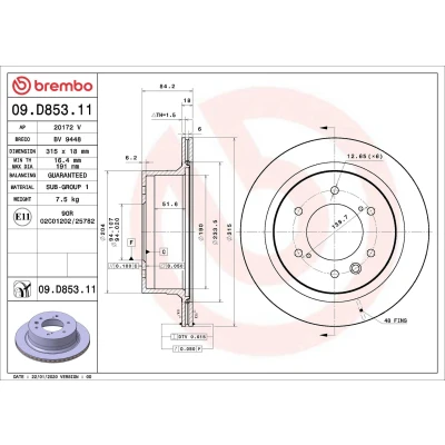 Bilde av BREMBO 09.D853.11 Bremseskiver 315 18 6 innvendig ventilert belagt