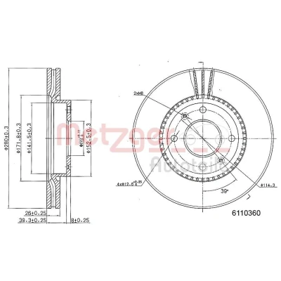 Bilde av METZGER 6110360 Bremseskiver framaksel 280 26 4 114,3 innvendig ventilert spraylakkert, Krysssliping