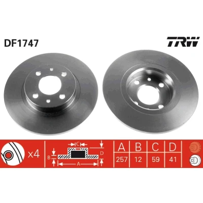 Bilde av TRW DF1747 Bremseskiver 257 12 4 98 fullt ut spraylakkert høy karbon FIAT: 500 Hatchback, Punto I Cabrio, II ALFA ROMEO: 155