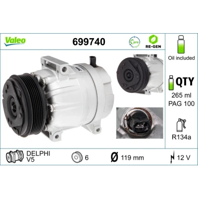 Bilde av VALEO 699740 Kompressor V5 12 PAG 100 R 134a med kompressorlje REMANUFACTURED