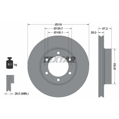 Bilde av TEXTAR PRO 92230403 Bremseskiver 319 28 06/08 139,7 innvendig ventilert belagt uten hjulfestebolt, hjulnav TOYOTA: HILUX 3 Pick up