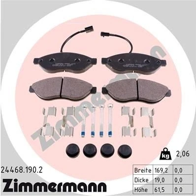 Bilde av ZIMMERMANN 24468.190.2 Bremseklosser inkl. slitasjevarselkontakt med skruer Bildet viser leveranseinnholdet, glideplate
