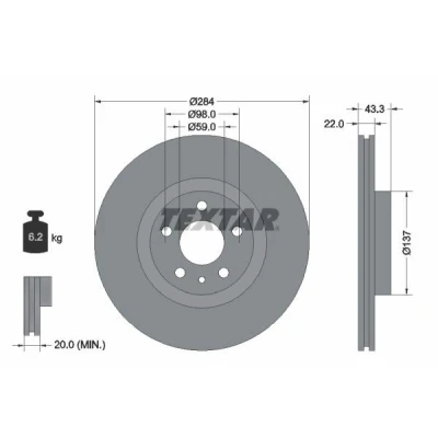 Bilde av TEXTAR PRO 92252803 Bremseskiver 284 22 05/06 98 innvendig ventilert belagt uten hjulfestebolt, hjulnav FIAT: 500 Hatchback, 500L, C Cabrio