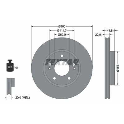 Bilde av TEXTAR 92314703 Bremseskiver 280 22 05/07 114,3 innvendig ventilert belagt uten hjulfestebolt, hjulnav HYUNDAI: Ioniq, KIA: Niro