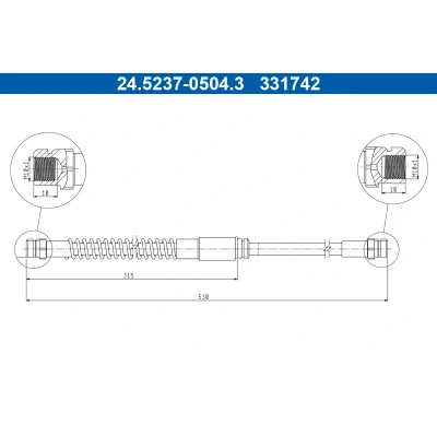 Bilde av ATE 24.5237 0504.3 Bremseslange 530mm VOLKSWAGEN: GOLF 5, 6, Scirocco III, AUDI: A3 Sportback, Hatchback, SKODA: Superb II Stasjonsvogn
