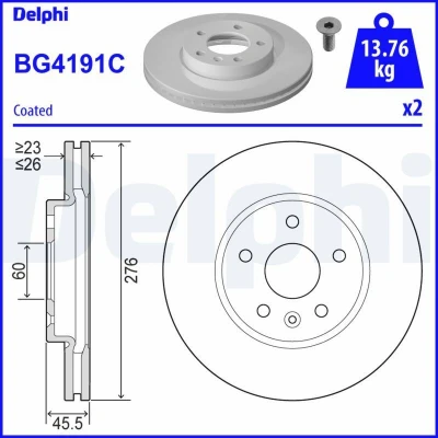 Bilde av DELPHI BG4191C Bremseskiver 276 26 5 ventilert belagt ubehandlet uten hjullager, ABS sensorring OPEL: Astra J Sports Tourer, Hatchback