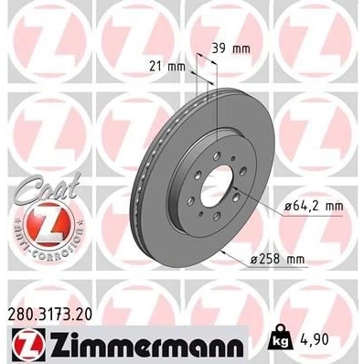 Bilde av ZIMMERMANN COAT Z 280.3173.20 Bremseskiver 258 21 8/4 4 100 innvendig ventilert belagt HONDA: Jazz 2