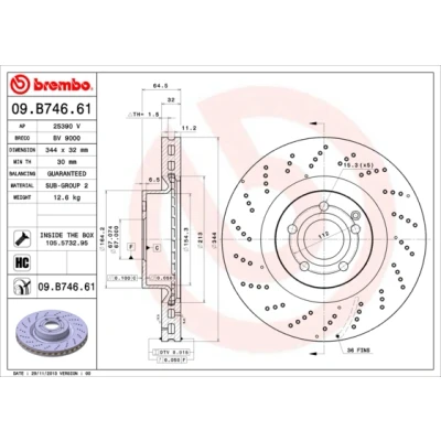 Bilde av BREMBO COATED DISC LINE 09.B746.61 Bremseskiver 344 32 5 perforert / ventilert belagt høy karbon med skruer MERCEDES BENZ: E Klasse Coupé
