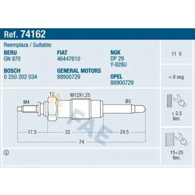 Bilde av FAE 74162 Glødeplugg 11V M12x125