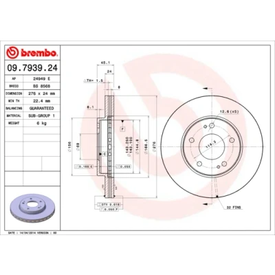 Bilde av BREMBO 09.7939.24 Bremseskiver 276 24 5 innvendig ventilert MITSUBISHI: Sigma Sedan, Space Wagon III, ECLIPSE 2