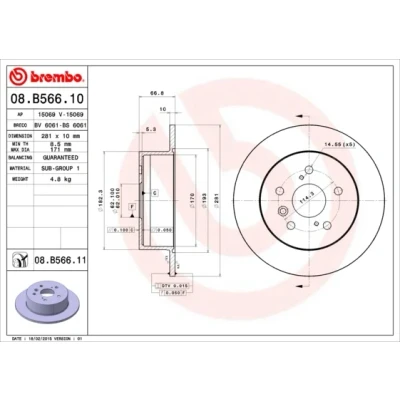 Bilde av BREMBO COATED DISC LINE 08.B566.11 Bremseskiver 281 10 5 fullt ut belagt TOYOTA: Camry VI Sedan