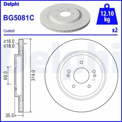 Bilde av DELPHI BG5081C Bremseskiver 314 18 5 ventilert belagt ubehandlet uten hjullager, ABS sensorring