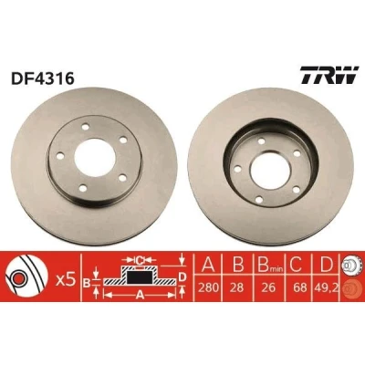 Bilde av TRW DF4316 Bremseskiver 280 28 5 114,3 ventilert spraylakkert NISSAN: X Trail, Primera Hatchback
