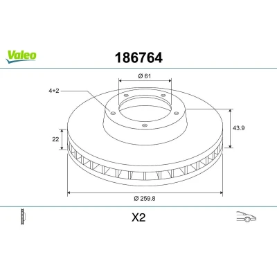Bilde av VALEO 186764 Bremseskiver framaksel 260 22 4 ventilert RENAULT: CLIO 3, MEGANE 2 Kombi, 2, NISSAN: Note I, MICRA 5