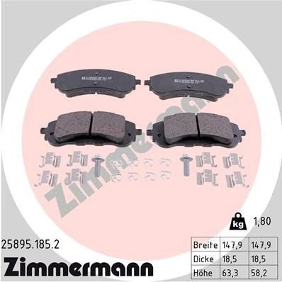 Bilde av ZIMMERMANN 25895.185.2 Bremseklosser med skruer Bildet viser leveranseinnholdet, fjær, glideplate PEUGEOT: 308 SW 2, II Hatchback