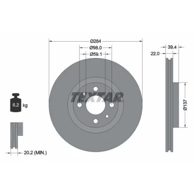Bilde av TEXTAR PRO 92055203 Bremseskiver 284 22 04/06 98 innvendig ventilert belagt uten hjulfestebolt, hjulnav FIAT: Punto II Hatchback