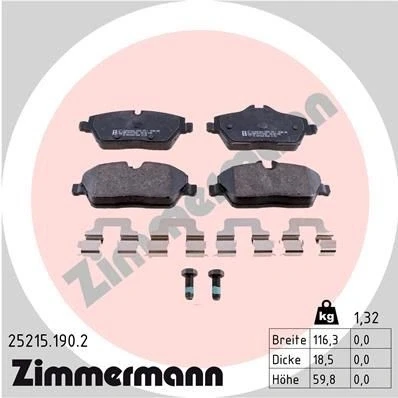 Bilde av ZIMMERMANN 25215.190.2 Bremseklosser klargjort for slitasjeindikator med skruer Bildet viser leveranseinnholdet, fjær MERCEDES BENZ: ML Klasse, GL