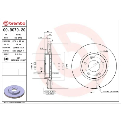 Bilde av BREMBO 09.9079.20 Bremseskiver 276 26 5 innvendig ventilert HYUNDAI: Grandeur