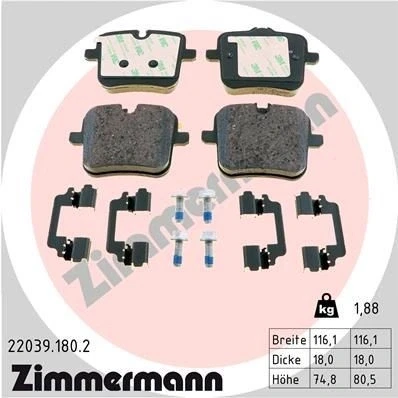 Bilde av ZIMMERMANN 22039.180.2 Bremseklosser klargjort for slitasjeindikator med skruer Bildet viser leveranseinnholdet, glideplate BMW: 5 Sedan, 7