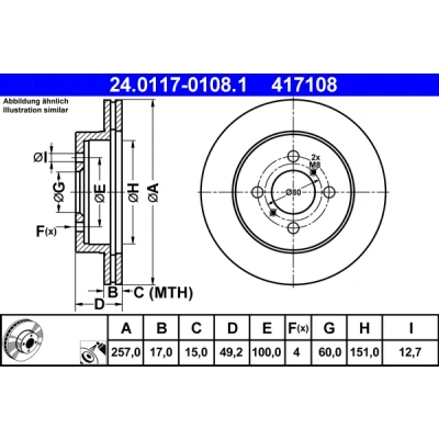 Bilde av ATE 24.0117 0108.1 Bremseskiver 257,0 17,0 4 100,0 ventilert belagt SUZUKI: IGNIS I, 2