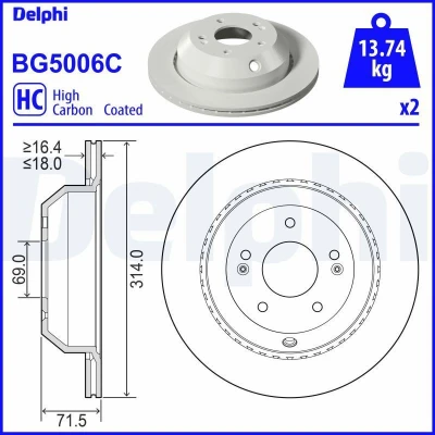 Bilde av DELPHI BG5006C Bremseskiver 314 18 ventilert belagt høy karbon uten hjullager, ABS sensorring KIA: SORENTO 3