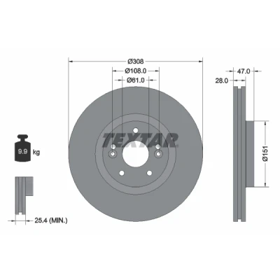Bilde av TEXTAR 92157700 Bremseskiver 308 28 05/07 108 utvendig ventilert uten hjulfestebolt, hjulnav RENAULT: LAGUNA 2 Grandtour