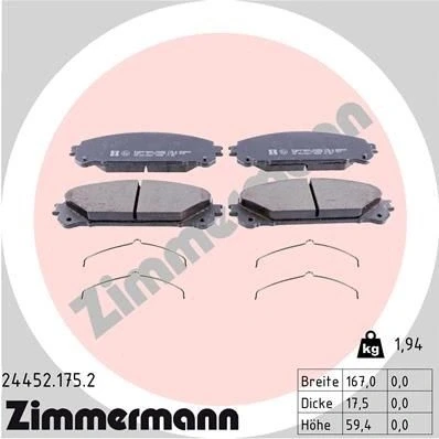 Bilde av ZIMMERMANN 24452.175.2 Bremseklosser Bildet viser leveranseinnholdet, med fjær TOYOTA: RAV4 IV SUV, V, LEXUS: RX III, NX,
