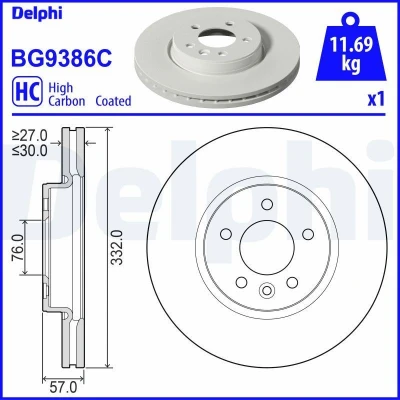 Bilde av DELPHI BG9386C Bremseskiver 332 30 5 ventilert belagt høy karbon uten hjullager, ABS sensorring VOLKSWAGEN: Amarok Pick up
