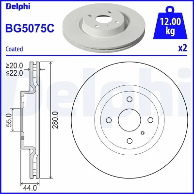 Bilde av DELPHI BG5075C Bremseskiver 280 22 4 ventilert belagt ubehandlet uten hjullager, ABS sensorring MAZDA: MX 5 IV