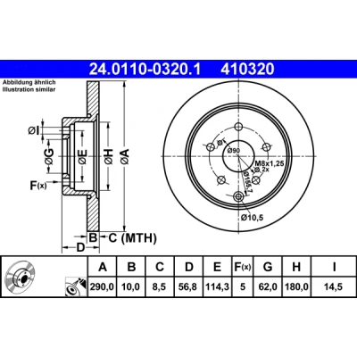 Bilde av ATE 24.0110 0320.1 Bremseskiver 290,0 10,0 5 114,3 fullt ut belagt TOYOTA: Corolla Verso