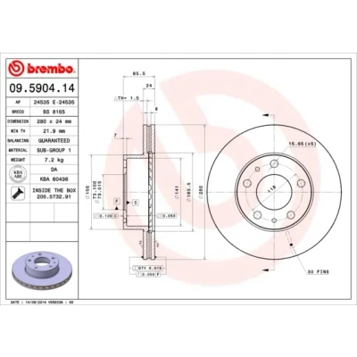 Bilde av BREMBO 09.5904.14 Bremseskiver 280 24 5 innvendig ventilert med skruer FIAT: Ducato II Flatvogn lastebil/Chassis, III Minibuss