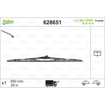 Bilde av Vindusvisker Valeo Optiblade Trucks 628651 650mm på begge sider Standard feste m/haker med integrert spyledyse, rør
