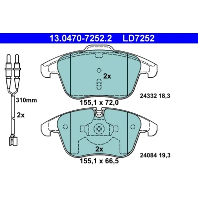 Bilde av ATE Ceramic 13.0470 7252.2 Bremseklosser inkl. slitasjevarselkontakt CITROËN: C5 III Stasjonsvogn, 3, PEUGEOT: 407 SW, Sedan
