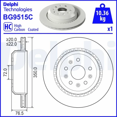 Bilde av DELPHI Bremseskive JEEP: Wrangler IV 76,5mm 5 ventilert belagt høy karbon BG9515C 68321348AC Bremseskiver, Skivebremser