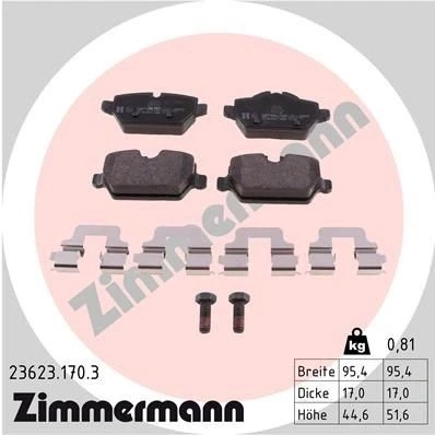 Bilde av ZIMMERMANN 23623.170.3 Bremseklosser klargjort for slitasjeindikator med skruer Bildet viser leveranseinnholdet, fjær BMW: 3 Touring, Sedan