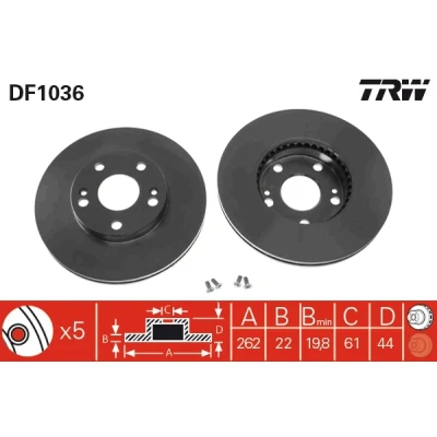 Bilde av TRW DF1036 Bremseskiver 262 22 5 108 ventilert spraylakkert med skruer