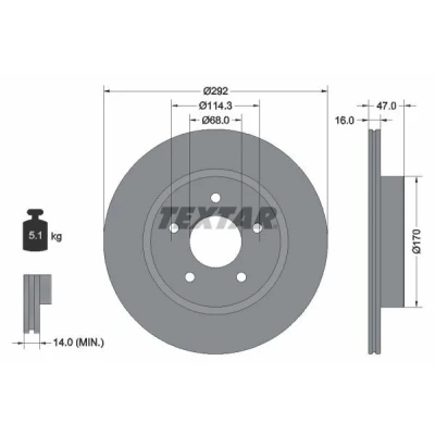 Bilde av TEXTAR PRO 92278103 Bremseskiver 292 16 05/05 114,3 innvendig ventilert belagt uten hjulfestebolt, hjulnav NISSAN: Leaf II, X Trail